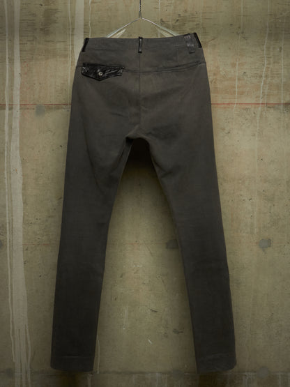 Isamu Katayama "BACKLASH" 2010s Grey Cotton Jersey Black Cow Leather Hybrid Slim Denim
