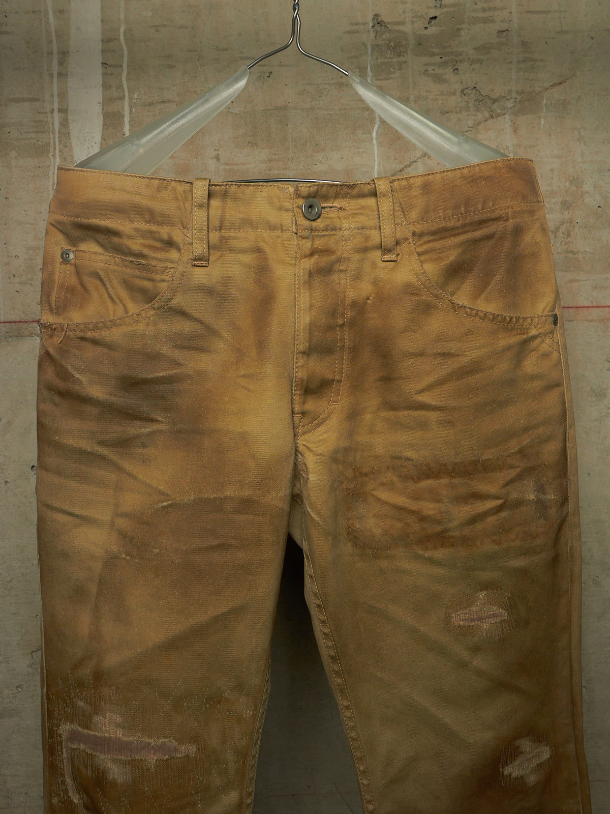 Isamu Katayama "BACKLASH" 2010s Khaki Distressed Cow Leather Trim Bootcut Chinos
