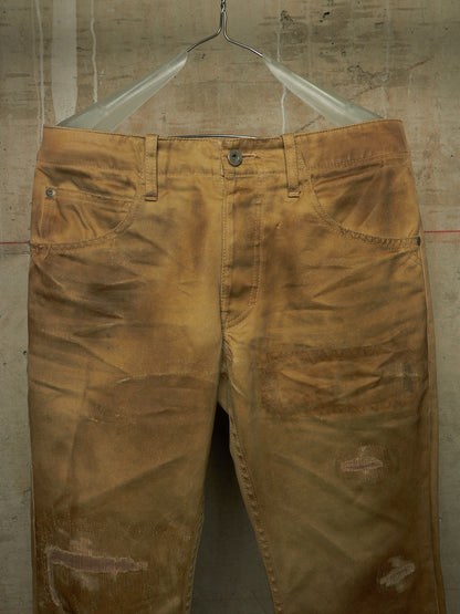 Isamu Katayama "BACKLASH" 2010s Khaki Distressed Cow Leather Trim Bootcut Chinos