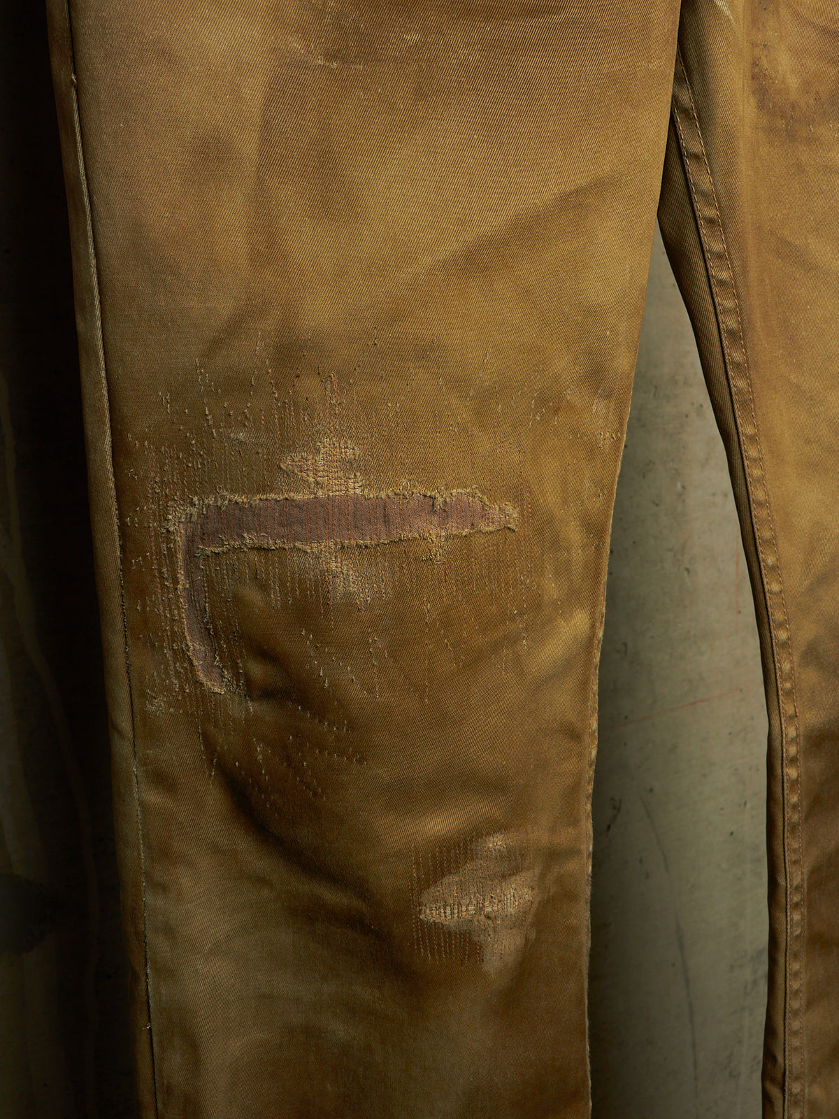 Isamu Katayama "BACKLASH" 2010s Khaki Distressed Cow Leather Trim Bootcut Chinos