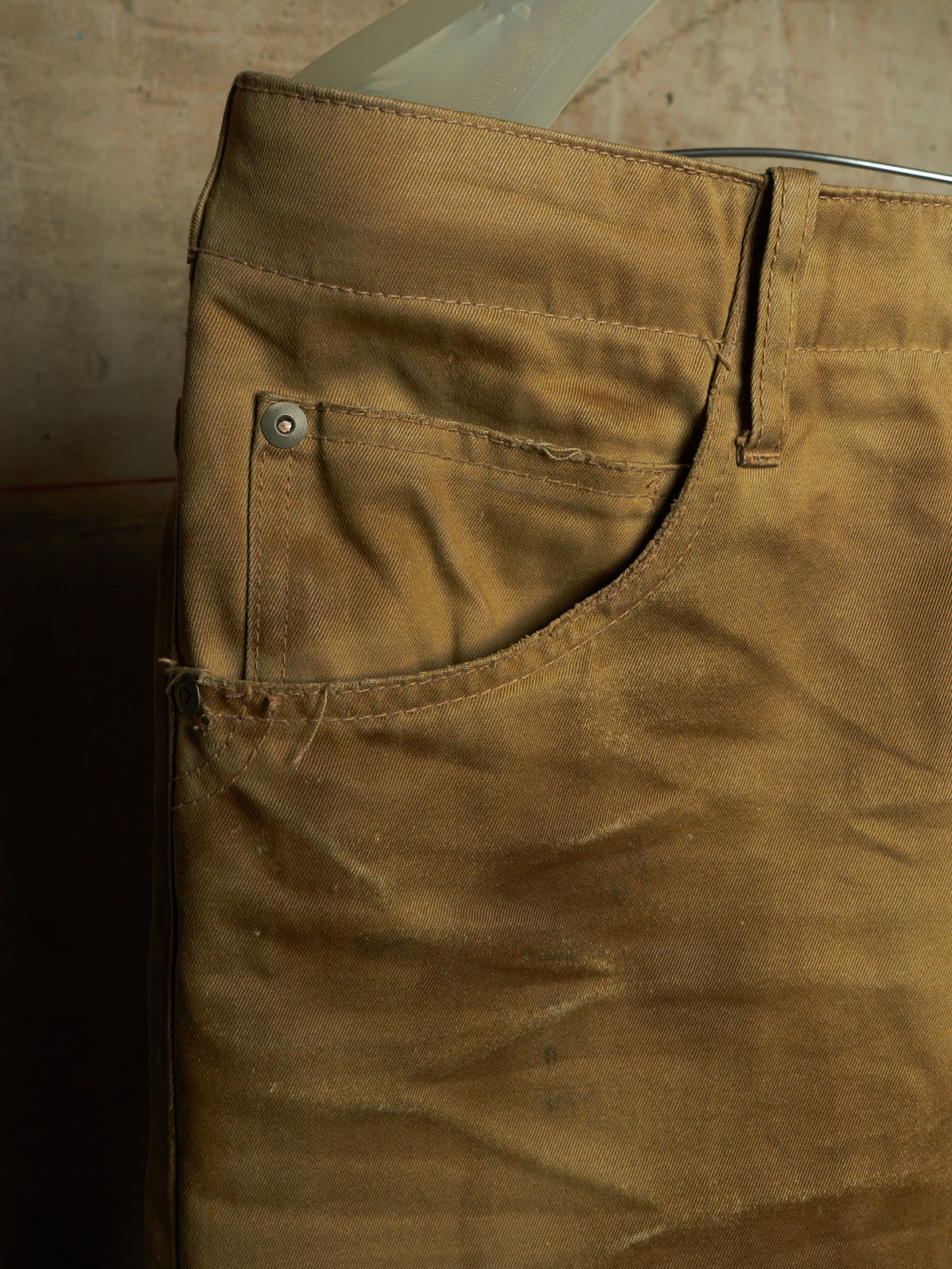 Isamu Katayama "BACKLASH" 2010s Khaki Distressed Cow Leather Trim Bootcut Chinos