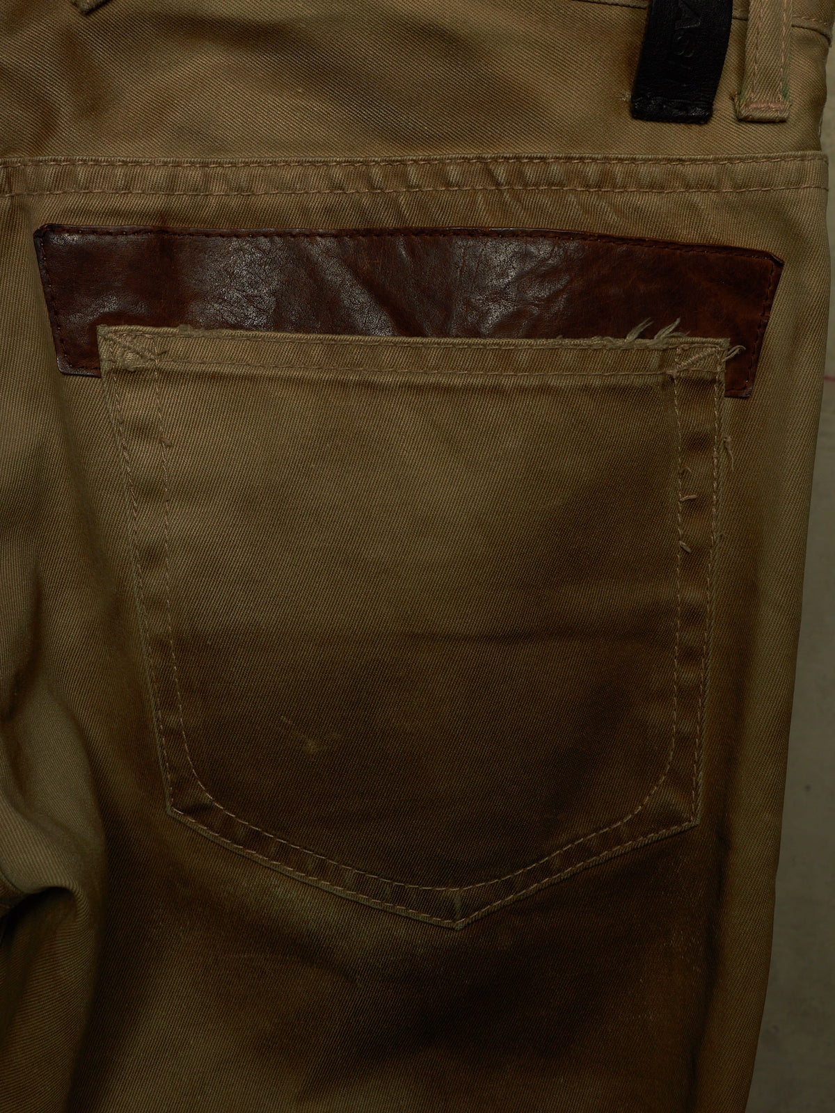 Isamu Katayama "BACKLASH" 2010s Khaki Distressed Cow Leather Trim Bootcut Chinos