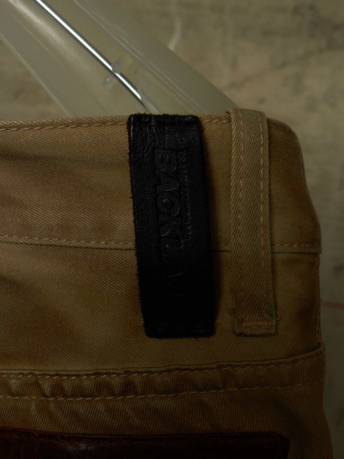 Isamu Katayama "BACKLASH" 2010s Khaki Distressed Cow Leather Trim Bootcut Chinos