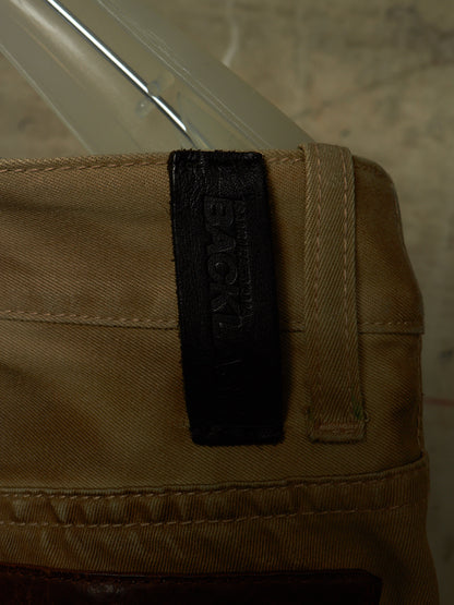 Isamu Katayama "BACKLASH" 2010s Khaki Distressed Cow Leather Trim Bootcut Chinos