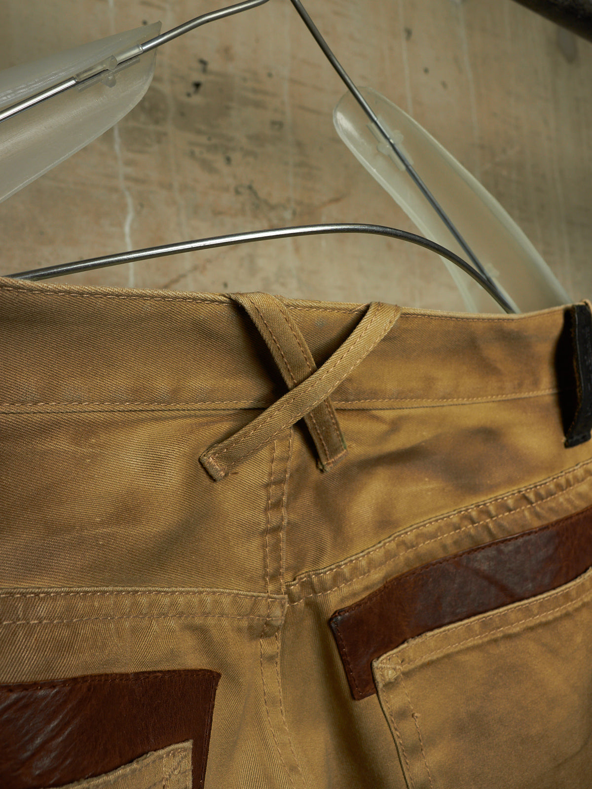 Isamu Katayama "BACKLASH" 2010s Khaki Distressed Cow Leather Trim Bootcut Chinos