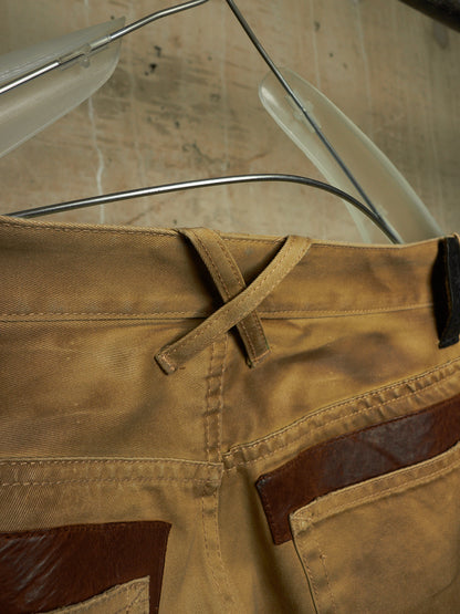 Isamu Katayama "BACKLASH" 2010s Khaki Distressed Cow Leather Trim Bootcut Chinos
