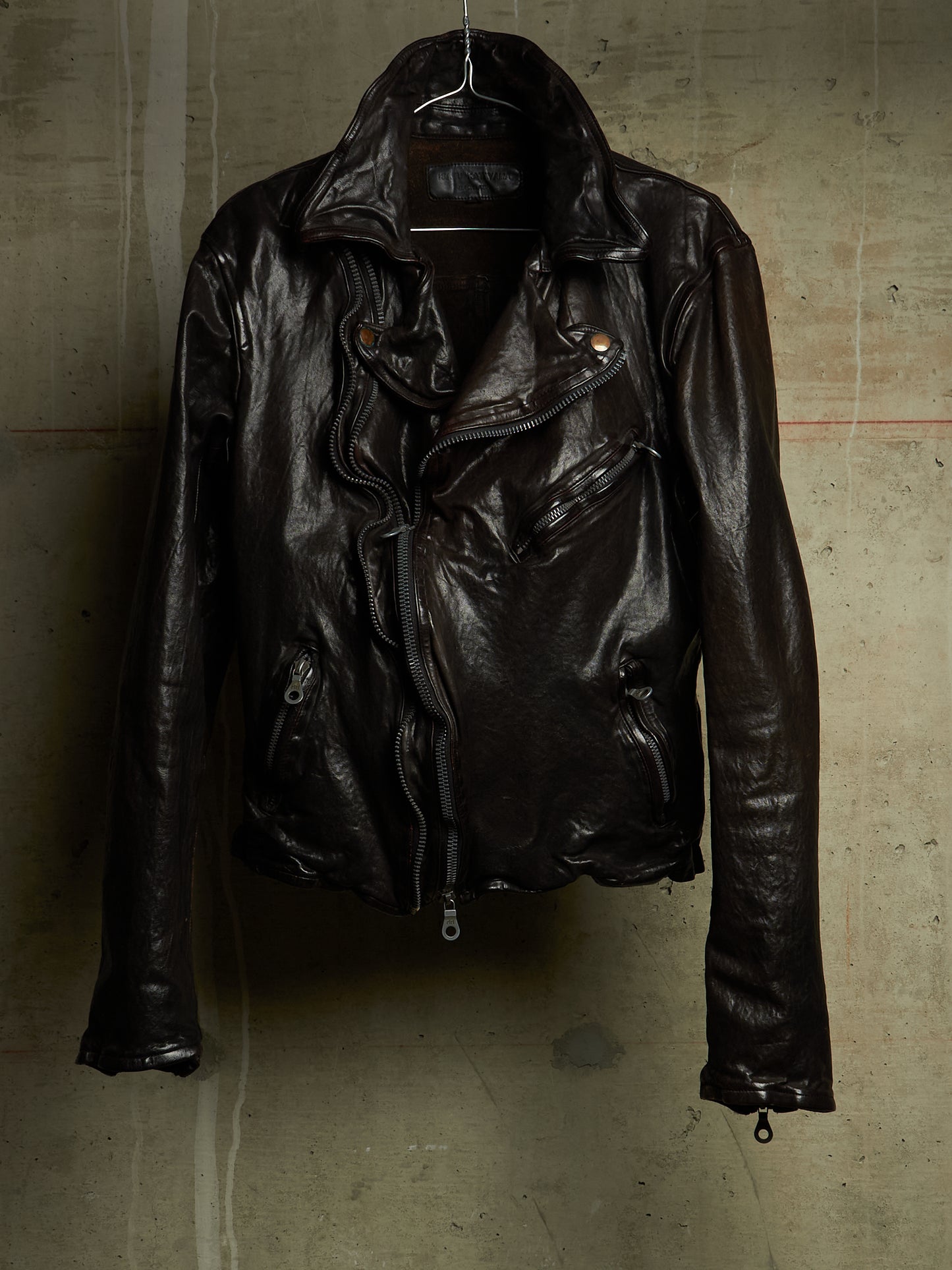 Isamu Katayama "BACKLASH" 2010s Garment-Dyed Dark Brown Wrinkled Cow Leather Double Riders Jacket
