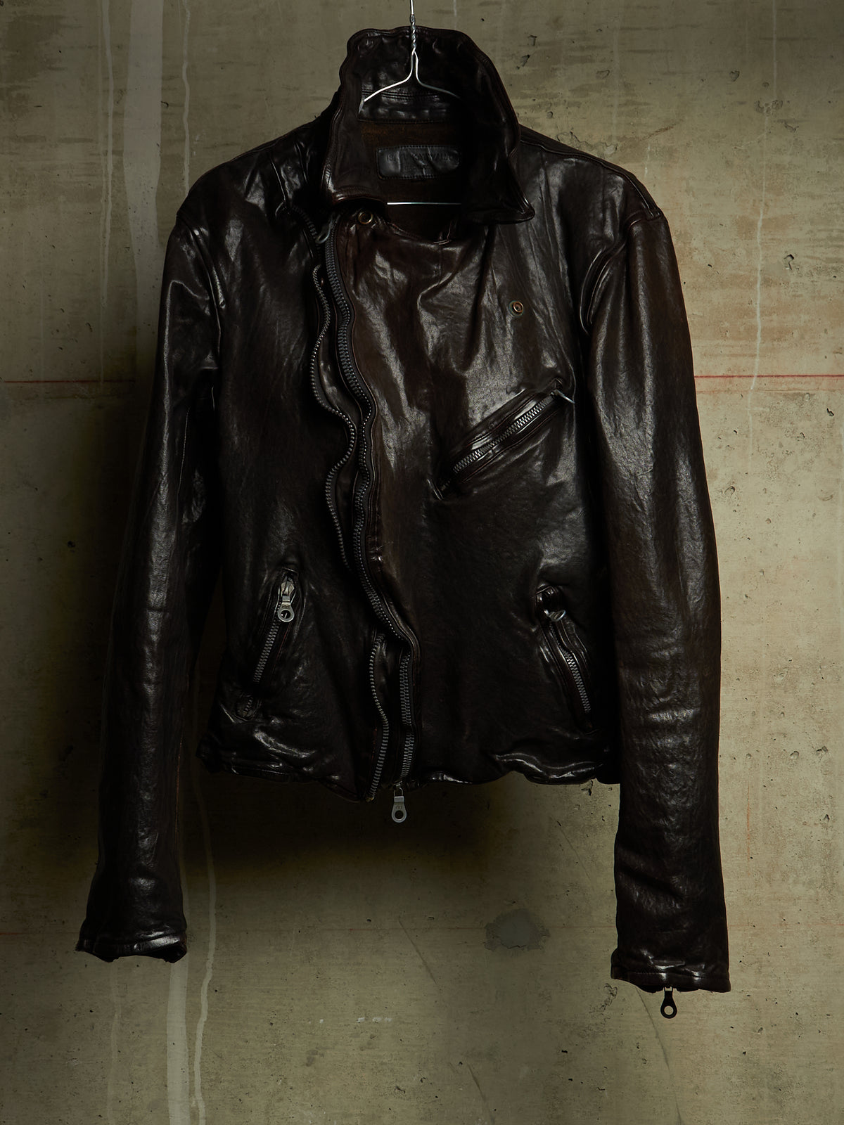 Isamu Katayama "BACKLASH" 2010s Garment-Dyed Dark Brown Wrinkled Cow Leather Double Riders Jacket