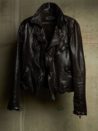 Isamu Katayama "BACKLASH" 2010s Garment-Dyed Dark Brown Wrinkled Cow Leather Double Riders Jacket