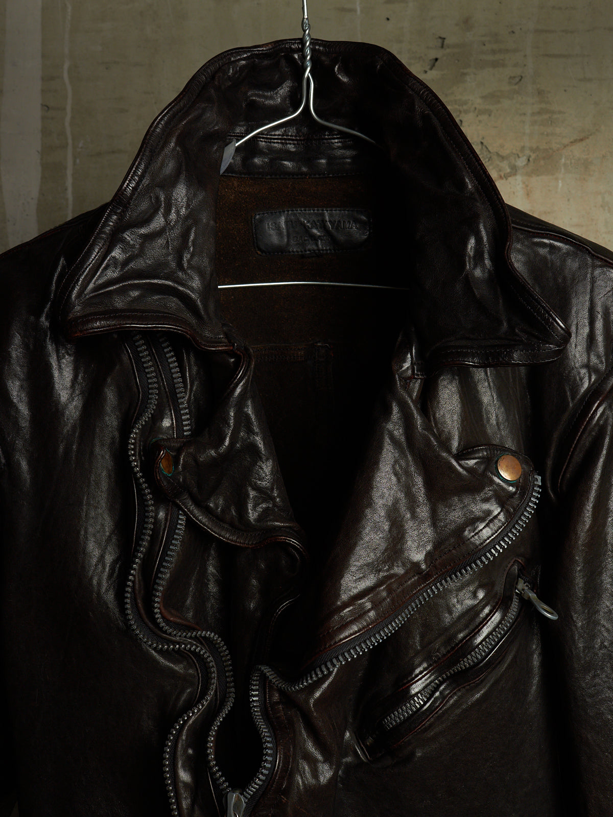 Isamu Katayama "BACKLASH" 2010s Garment-Dyed Dark Brown Wrinkled Cow Leather Double Riders Jacket