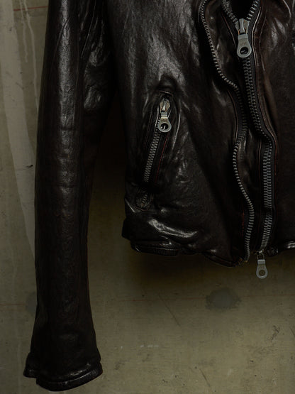 Isamu Katayama "BACKLASH" 2010s Garment-Dyed Dark Brown Wrinkled Cow Leather Double Riders Jacket