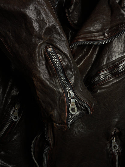Isamu Katayama "BACKLASH" 2010s Garment-Dyed Dark Brown Wrinkled Cow Leather Double Riders Jacket