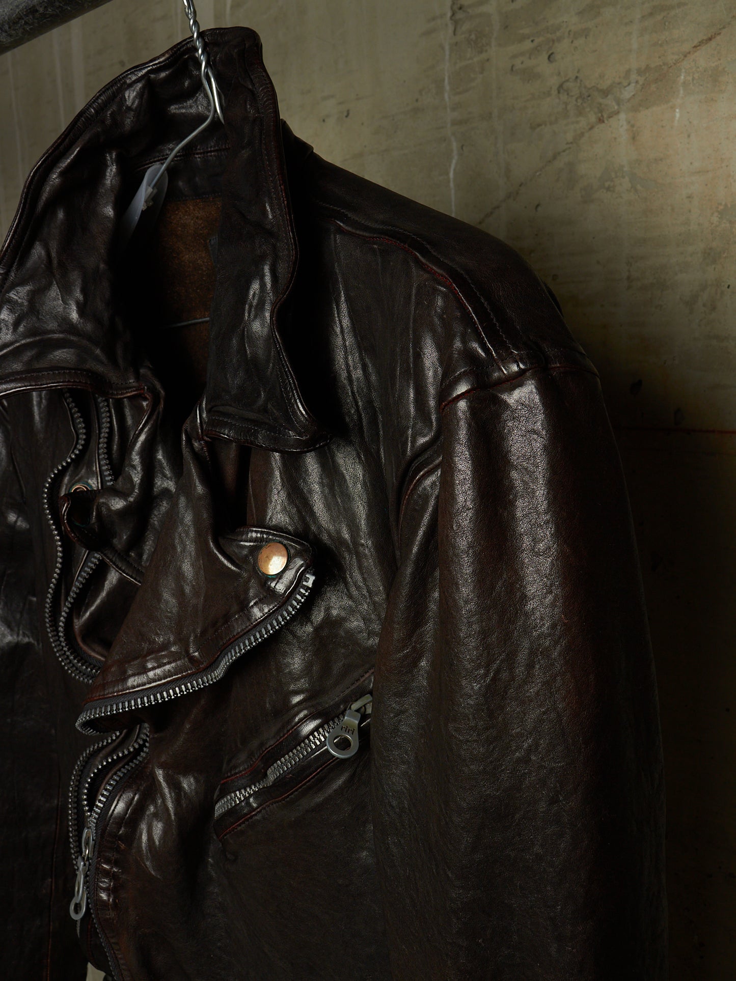 Isamu Katayama "BACKLASH" 2010s Garment-Dyed Dark Brown Wrinkled Cow Leather Double Riders Jacket