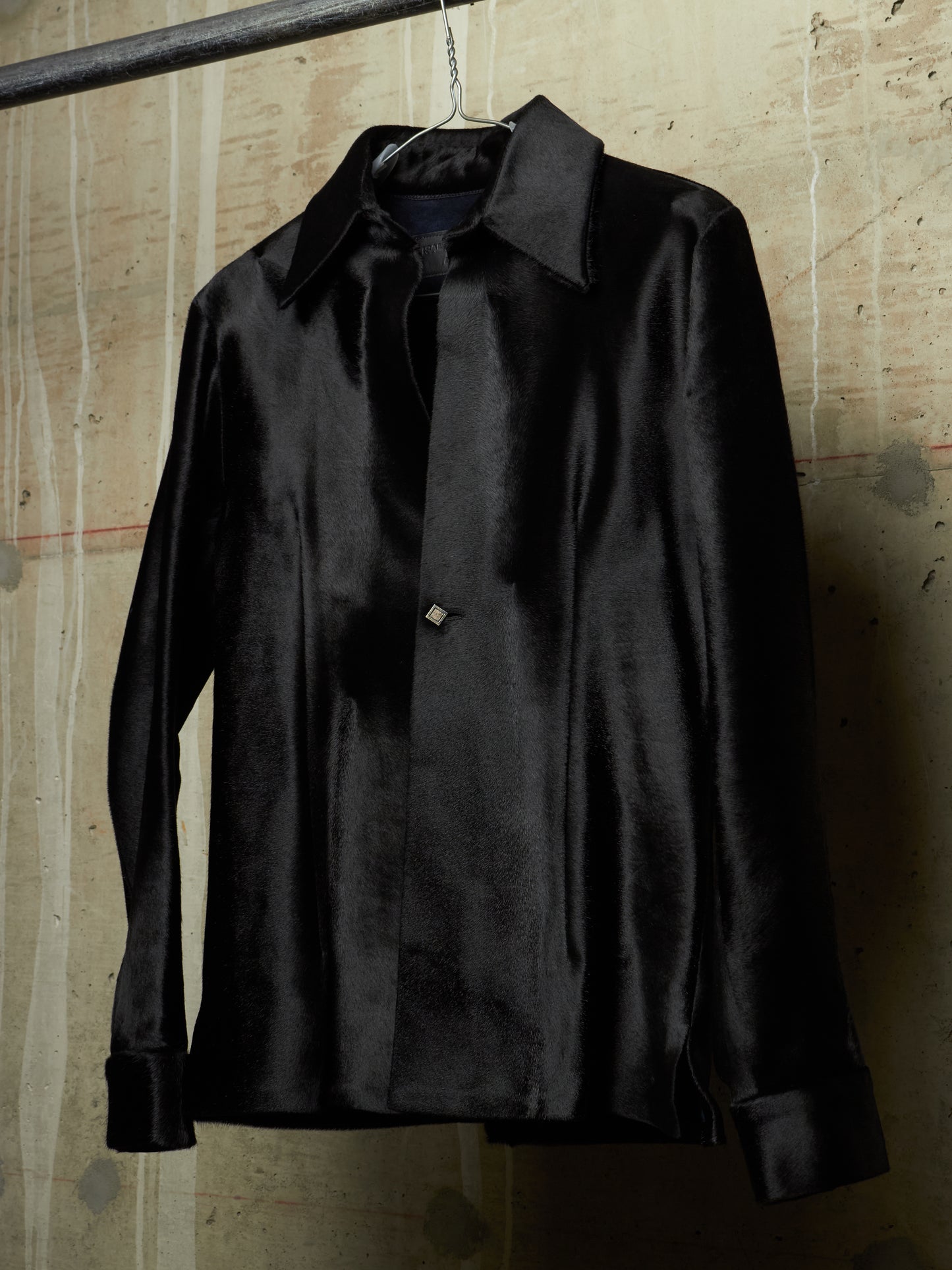 Isamu Katayama "BACKLASH" Early 00s Unlined Black Pony Hair Calf Leather Single Button Shirt