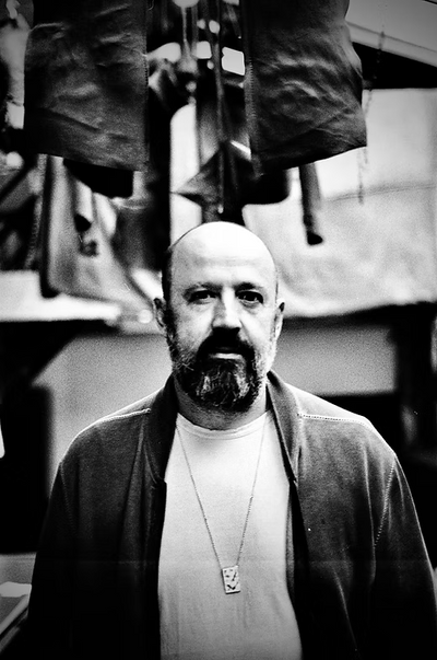 Isaac Sellam portrait in black and white — clothing designer known for industrial and experimental approach
