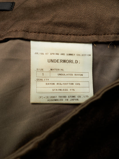 Close-up of the inside collar of a brown garment showing a white paper size and material label that reads 'UNDERWORLD' and 'Julius 07 Spring and Summer Collection'.