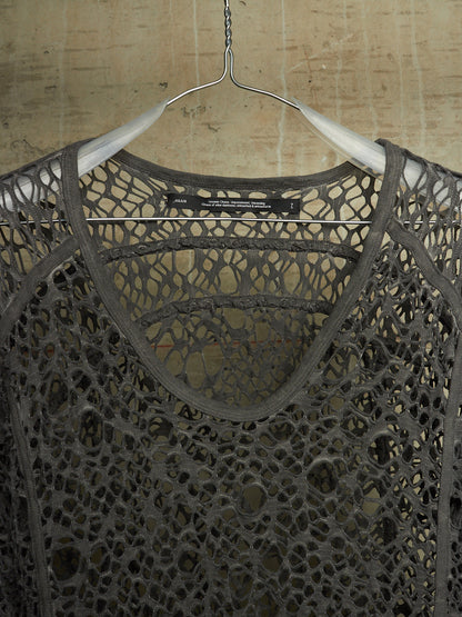 Julius_7 SS25 "anima;" Grey Cotton Mesh Jacquard Open Knit Raglan Long-sleeves
