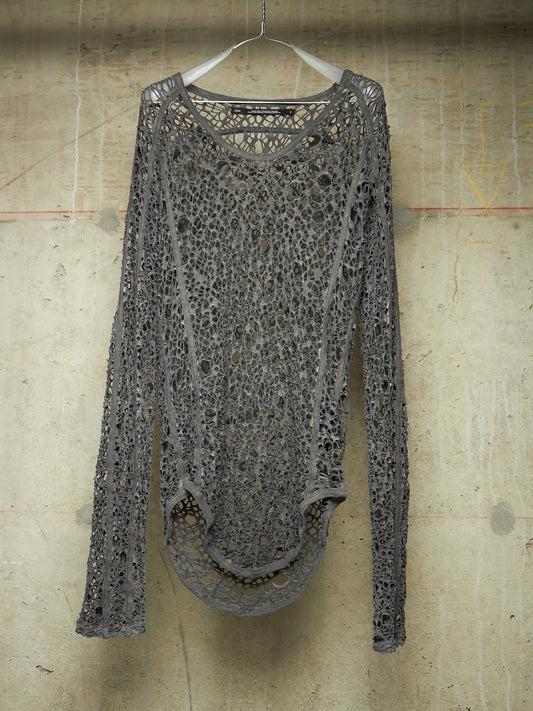 Julius_7 SS25 "anima;" Grey Cotton Mesh Jacquard Open Knit Raglan Long-sleeves