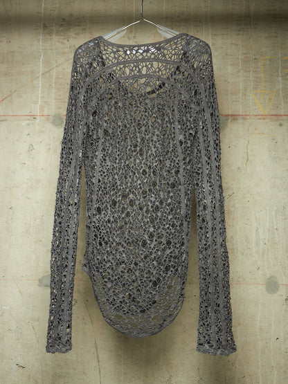 Julius_7 SS25 "anima;" Grey Cotton Mesh Jacquard Open Knit Raglan Long-sleeves