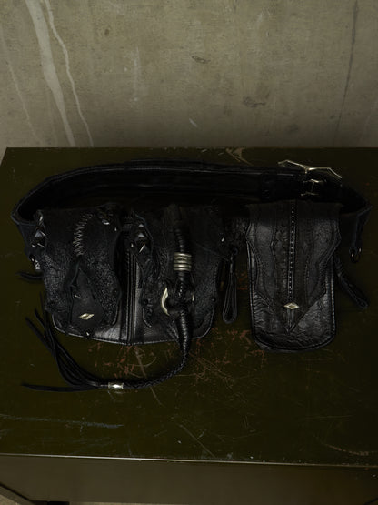 KMRii ‘1101-BG01 KB-Scorpion’ Distressed Leather Hand-stitched Tassel Waist Belt Bag