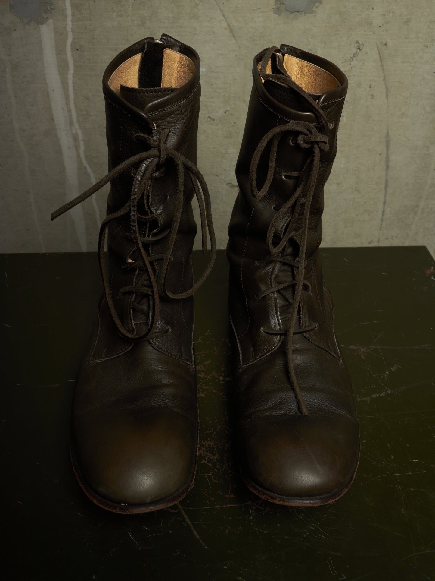 Kyoji Maruyama Early 00s 'MA8322' Olive Calf Leather Spiral Zip Front Lace Boots