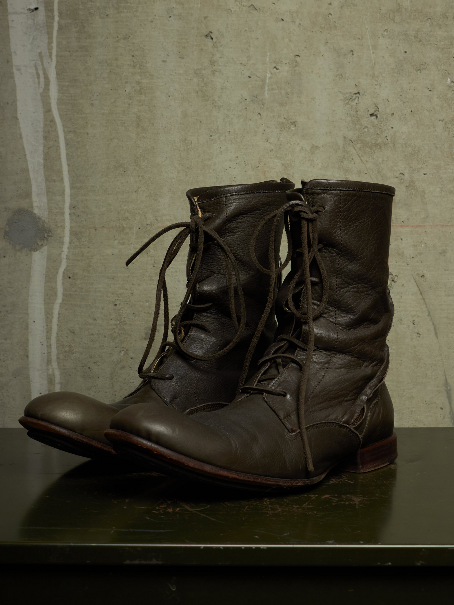 Kyoji Maruyama Early 00s 'MA8322' Olive Calf Leather Spiral Zip Front Lace Boots