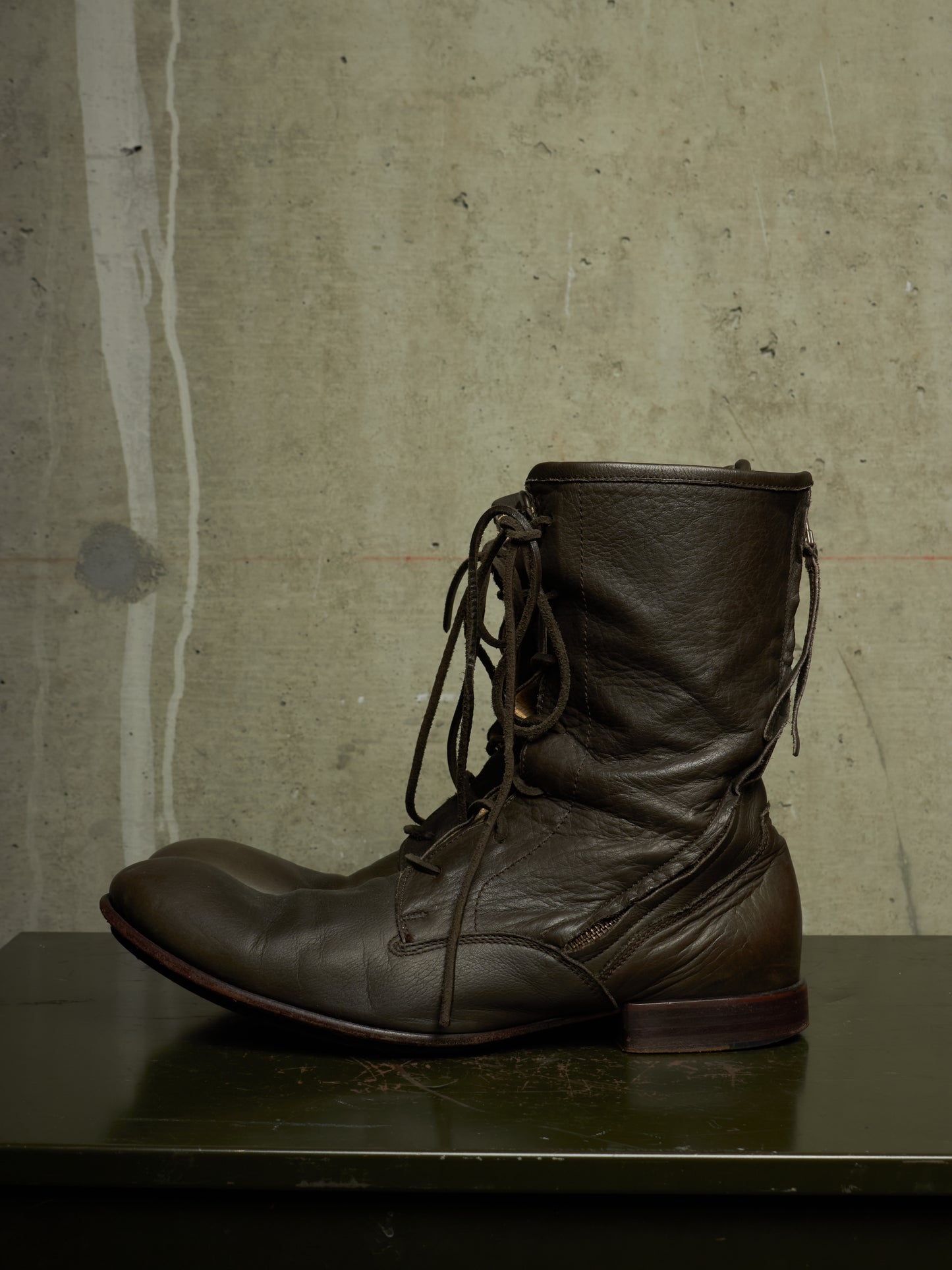 Kyoji Maruyama Early 00s 'MA8322' Olive Calf Leather Spiral Zip Front Lace Boots