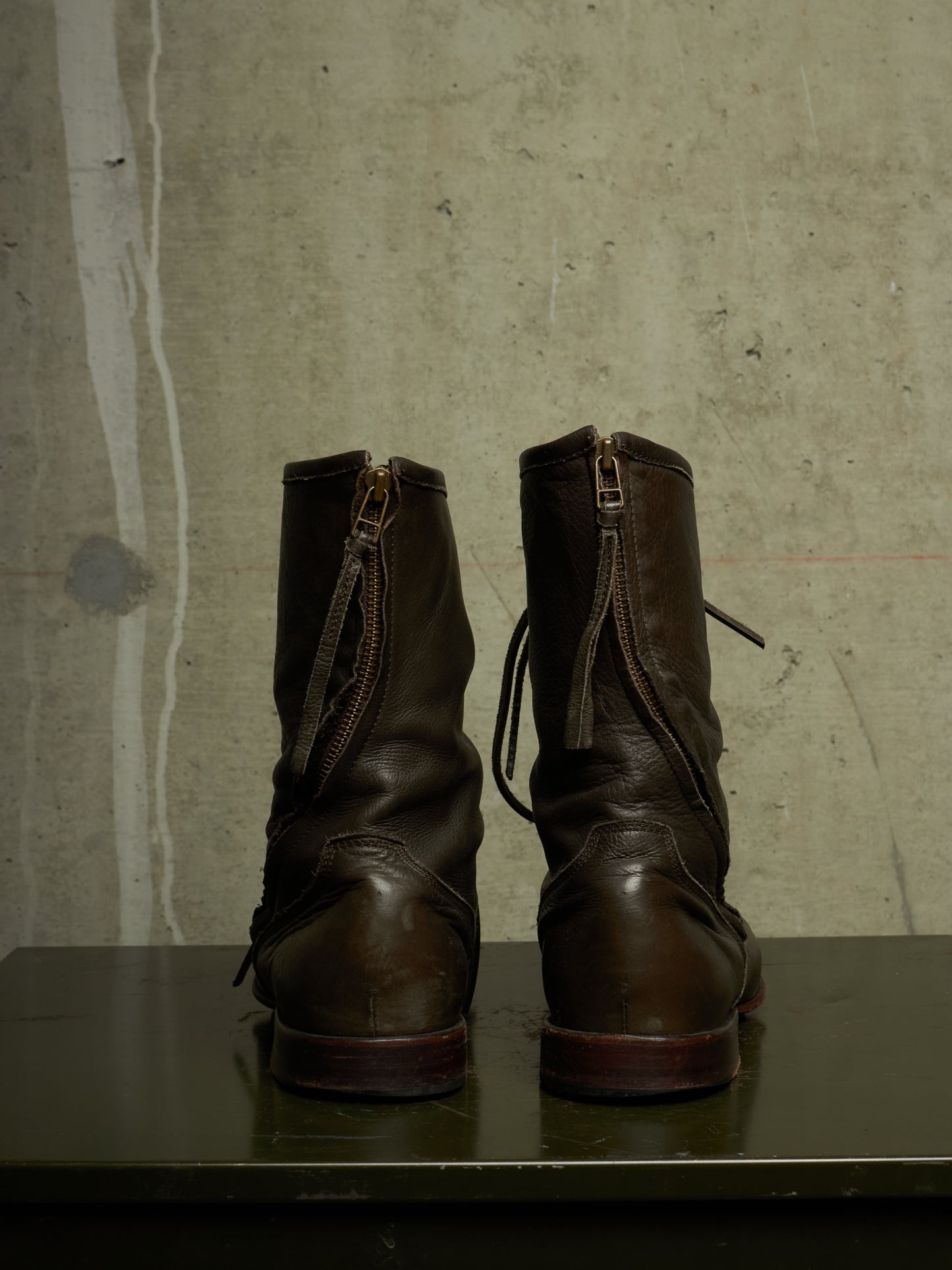 Kyoji Maruyama Early 00s 'MA8322' Olive Calf Leather Spiral Zip Front Lace Boots