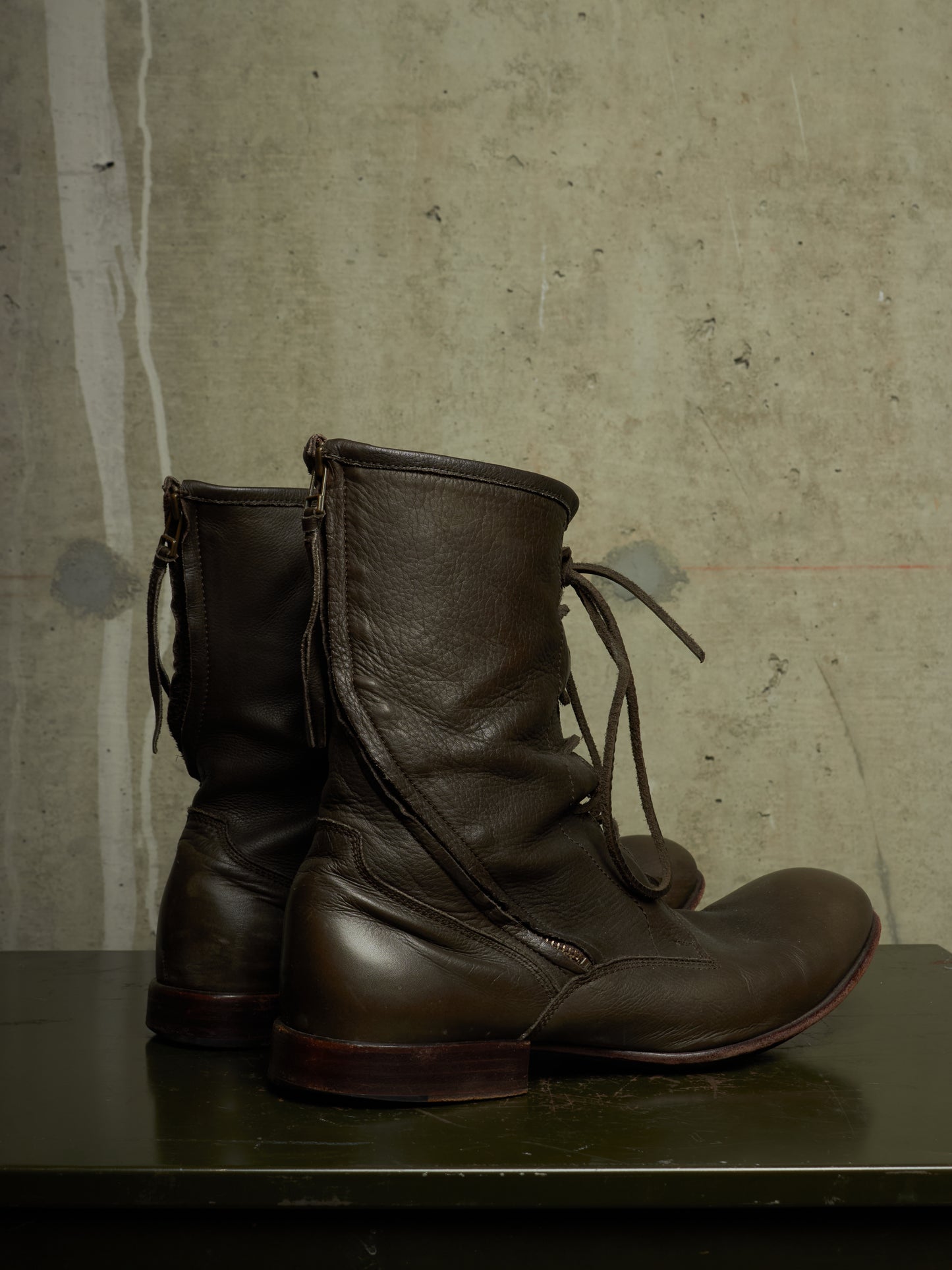 Kyoji Maruyama Early 00s 'MA8322' Olive Calf Leather Spiral Zip Front Lace Boots