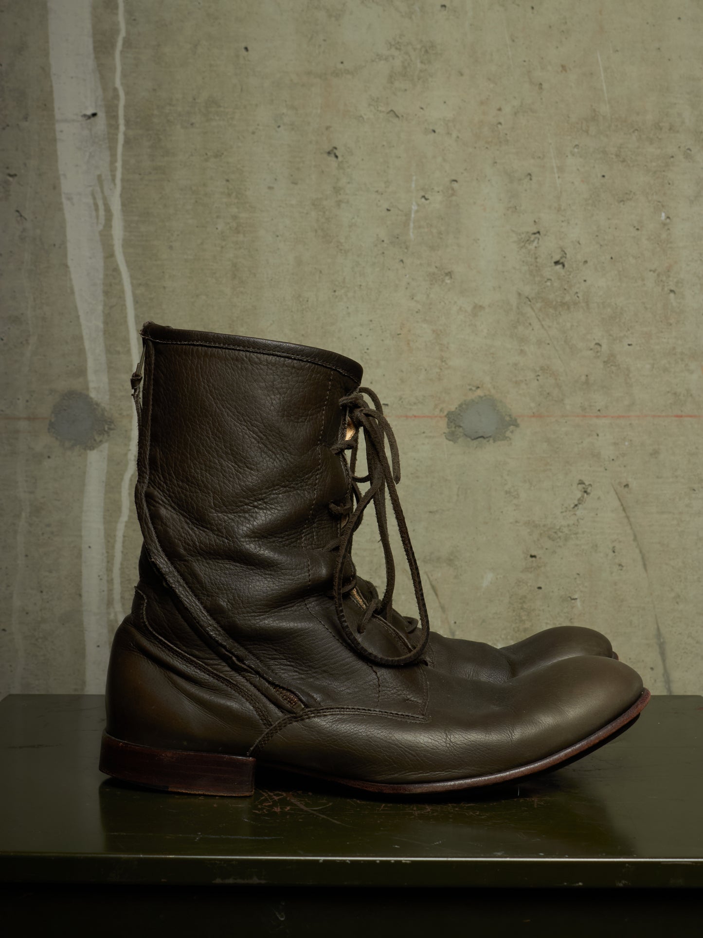 Kyoji Maruyama Early 00s 'MA8322' Olive Calf Leather Spiral Zip Front Lace Boots