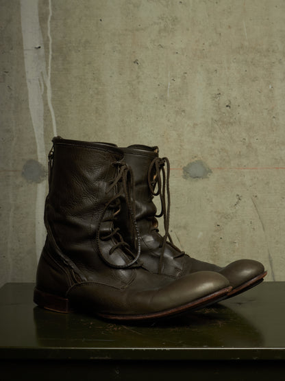 Kyoji Maruyama Early 00s 'MA8322' Olive Calf Leather Spiral Zip Front Lace Boots