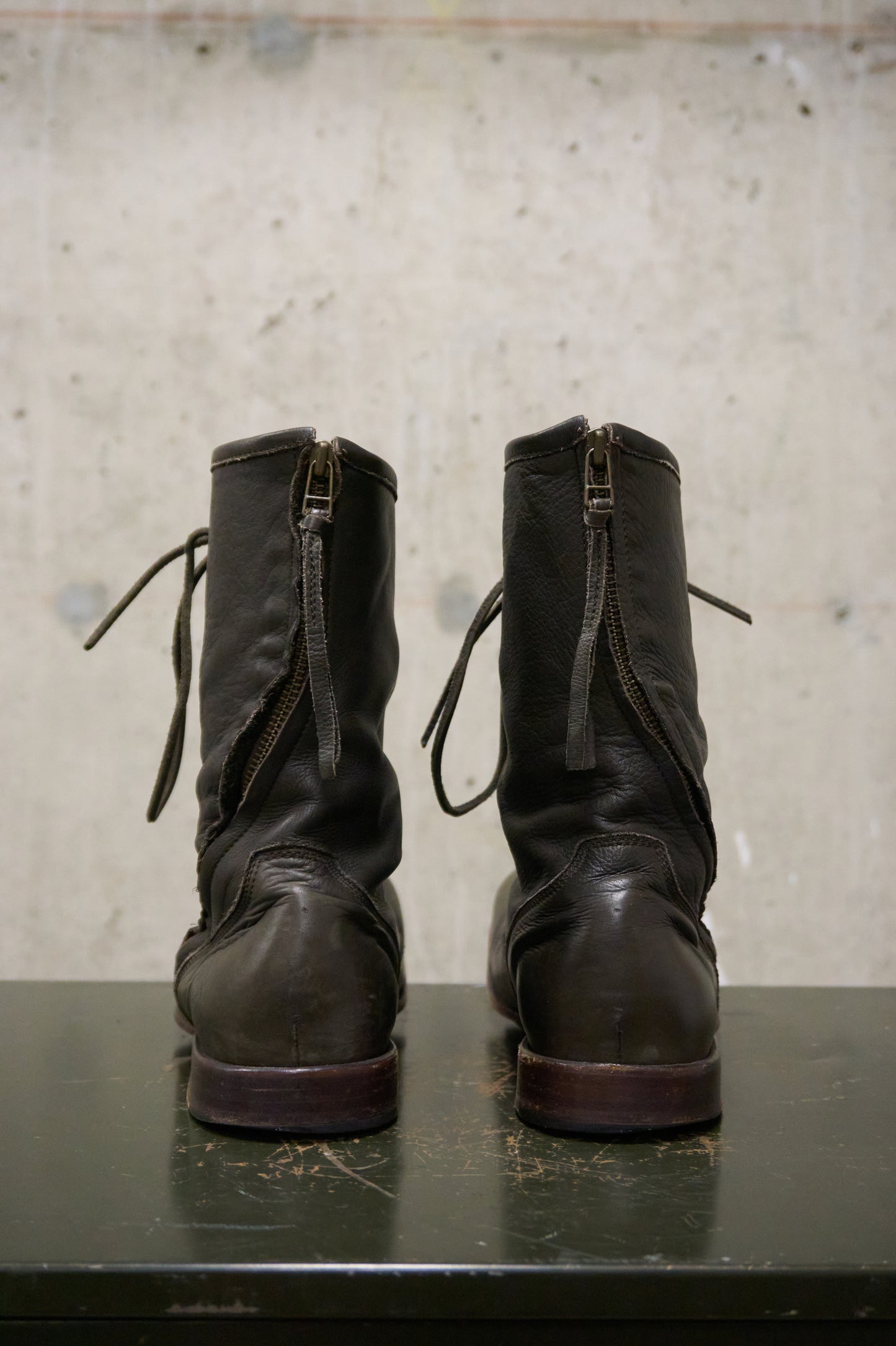 Kyoji Maruyama Early 00s 'MA8322' Olive Calf Leather Spiral Zip Front Lace Boots