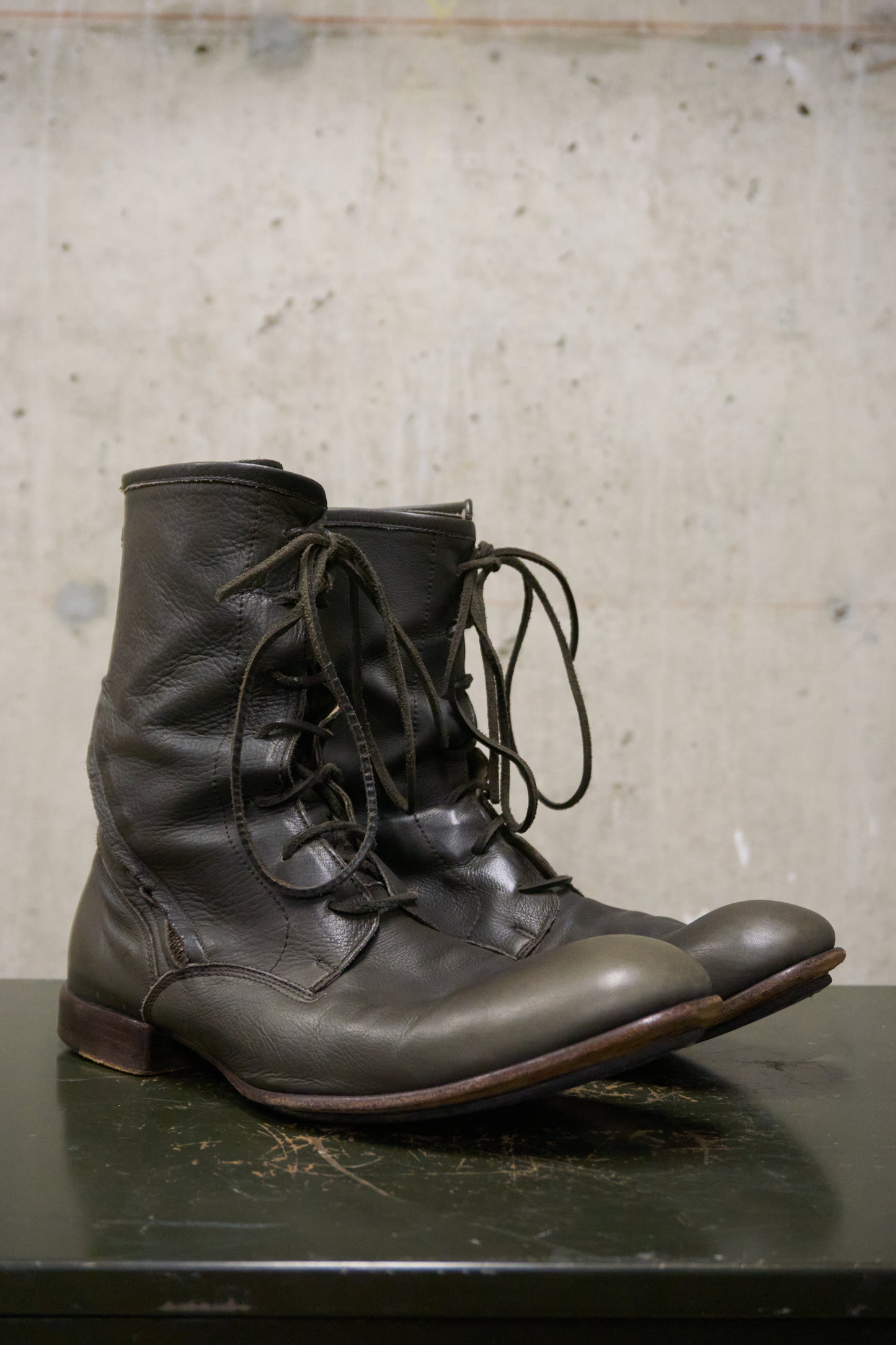 Kyoji Maruyama Early 00s 'MA8322' Olive Calf Leather Spiral Zip Front Lace Boots