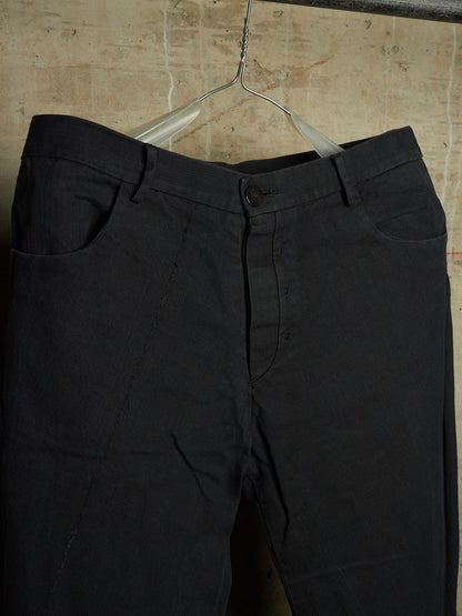 Label Under Construction 2010s Washed Black Cotton Linen Herringbone Twisted Hem Skinny Pants