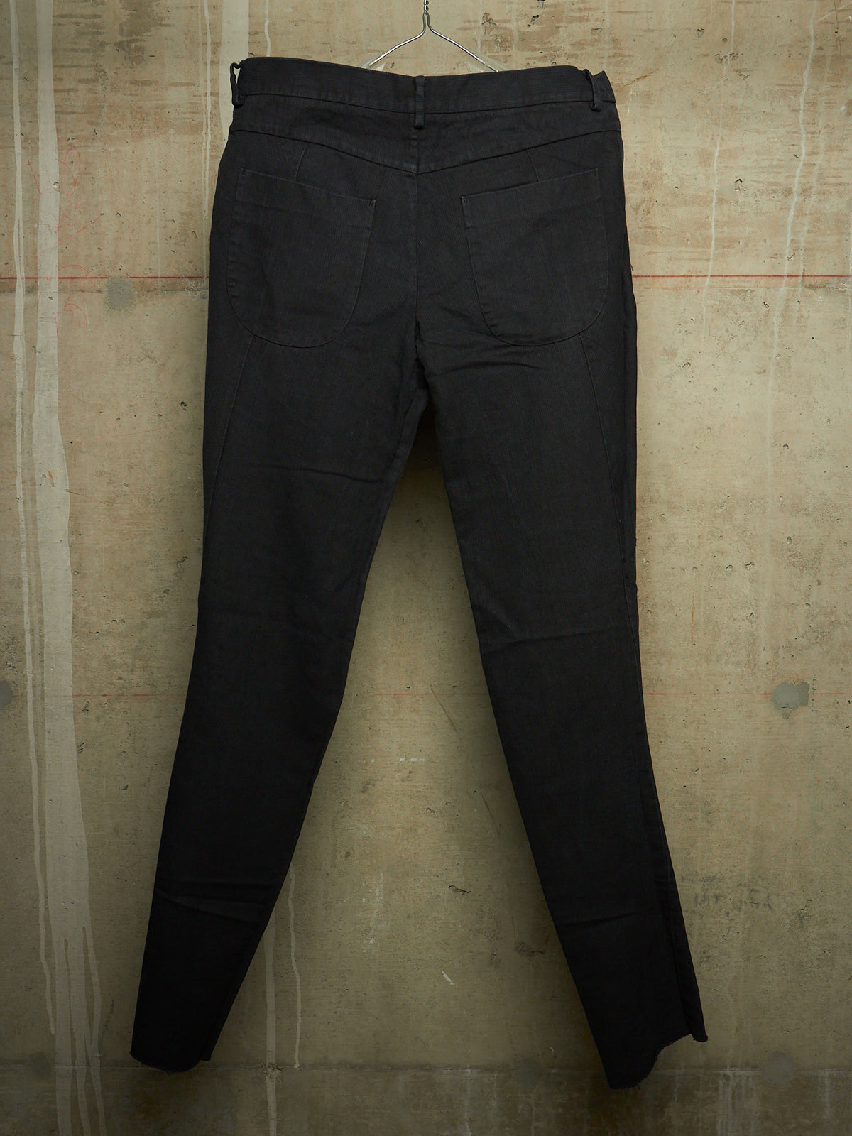 Label Under Construction 2010s Washed Black Cotton Linen Herringbone Twisted Hem Skinny Pants