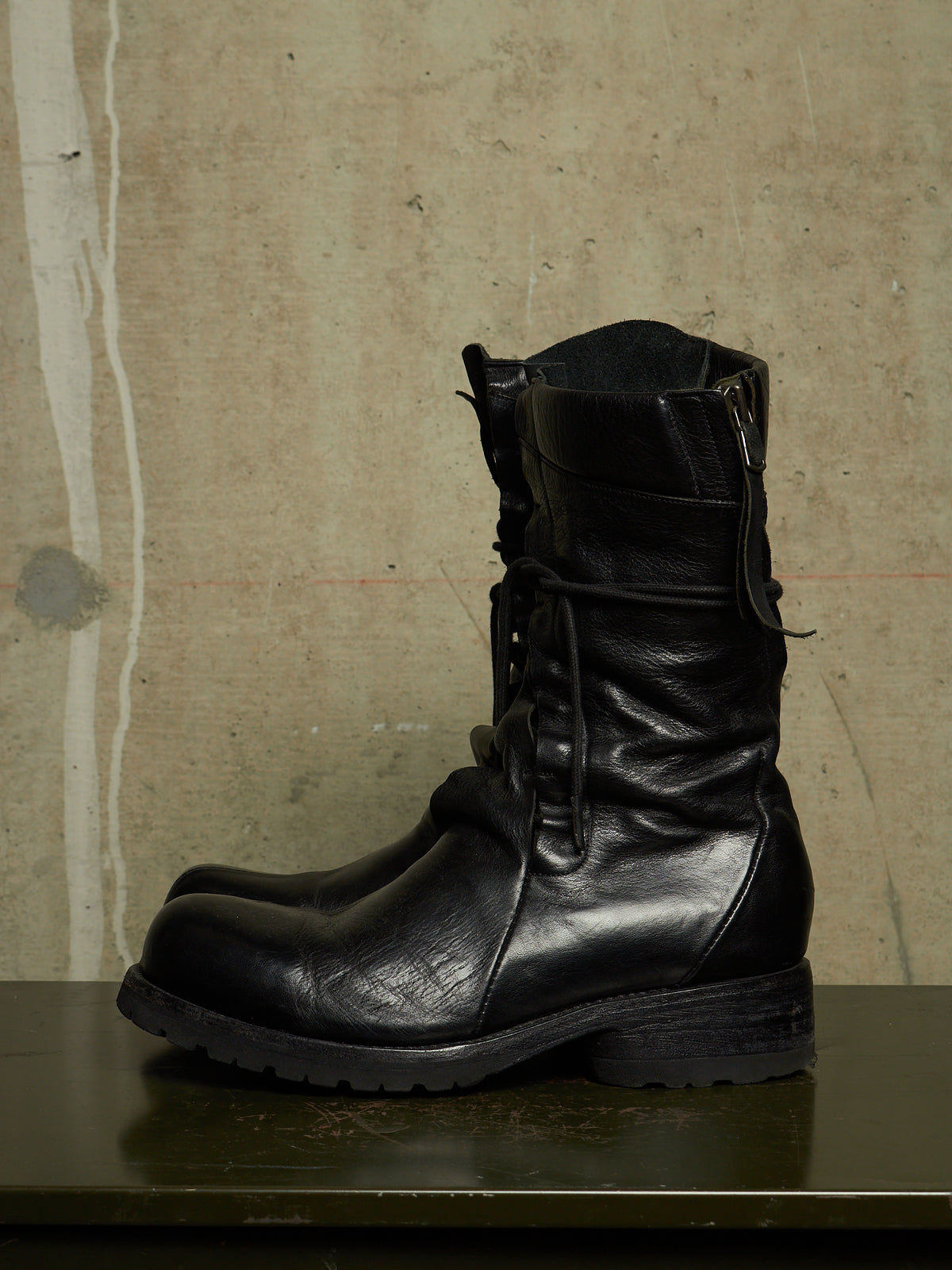 LEON EMANUEL BLANCK 'DIS-M-CB/01' Black GUIDI Horse Leather Distortion Spiral Zip Front Lace Tall Combat Traktor Boots
