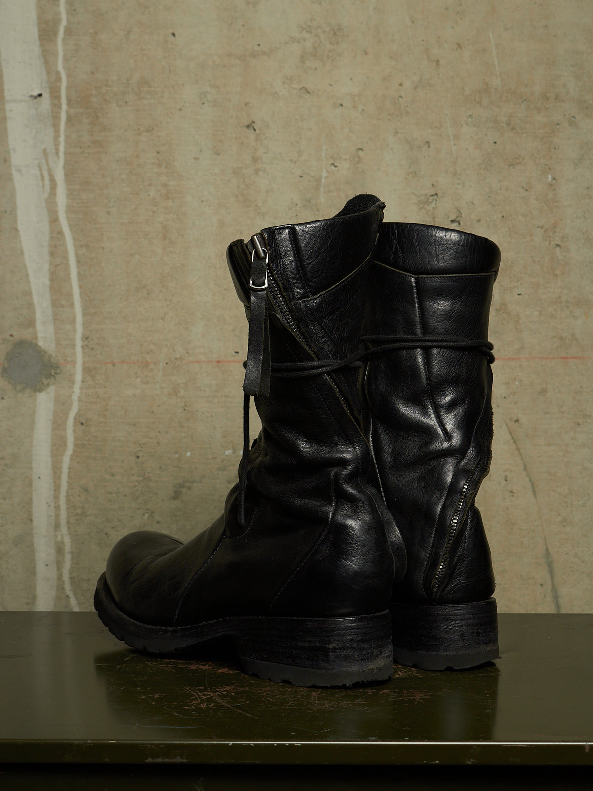 LEON EMANUEL BLANCK 'DIS-M-CB/01' Black GUIDI Horse Leather Distortion Spiral Zip Front Lace Tall Combat Traktor Boots