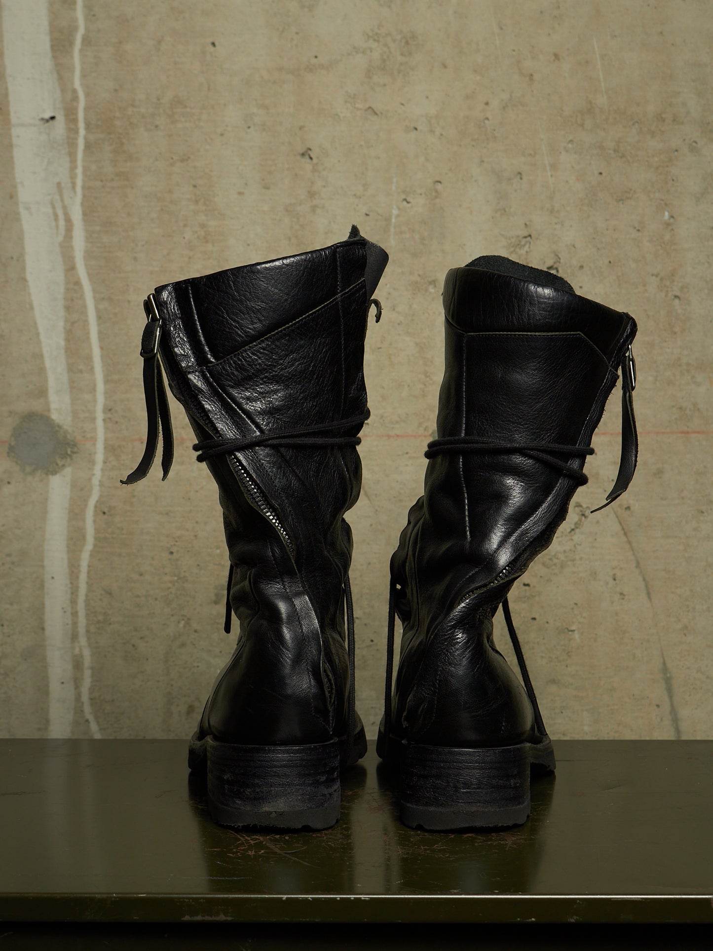 LEON EMANUEL BLANCK 'DIS-M-CB/01' Black GUIDI Horse Leather Distortion Spiral Zip Front Lace Tall Combat Traktor Boots