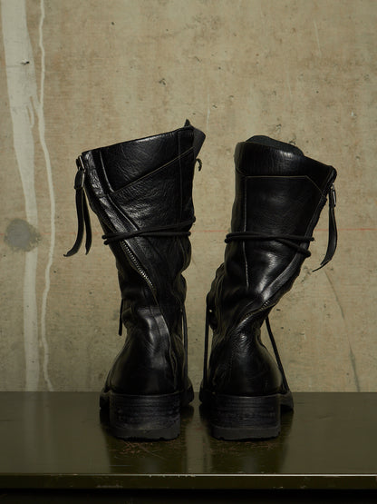 LEON EMANUEL BLANCK 'DIS-M-CB/01' Black GUIDI Horse Leather Distortion Spiral Zip Front Lace Tall Combat Traktor Boots