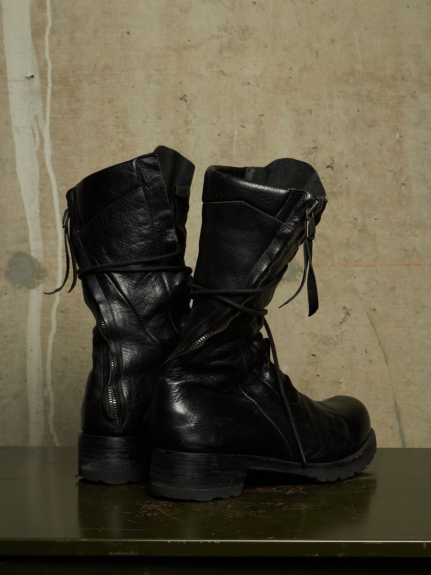 LEON EMANUEL BLANCK 'DIS-M-CB/01' Black GUIDI Horse Leather Distortion Spiral Zip Front Lace Tall Combat Traktor Boots