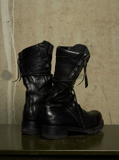 LEON EMANUEL BLANCK 'DIS-M-CB/01' Black GUIDI Horse Leather Distortion Spiral Zip Front Lace Tall Combat Traktor Boots