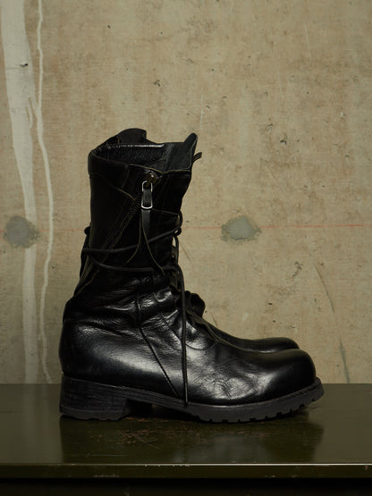LEON EMANUEL BLANCK 'DIS-M-CB/01' Black GUIDI Horse Leather Distortion Spiral Zip Front Lace Tall Combat Traktor Boots