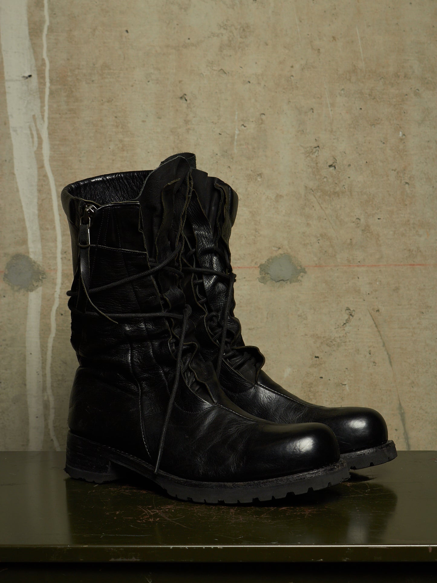 LEON EMANUEL BLANCK 'DIS-M-CB/01' Black GUIDI Horse Leather Distortion Spiral Zip Front Lace Tall Combat Traktor Boots