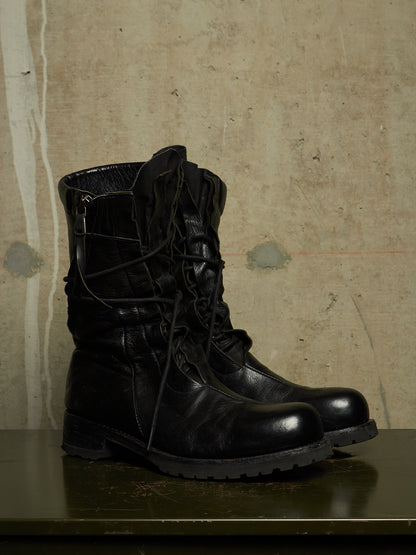 LEON EMANUEL BLANCK 'DIS-M-CB/01' Black GUIDI Horse Leather Distortion Spiral Zip Front Lace Tall Combat Traktor Boots