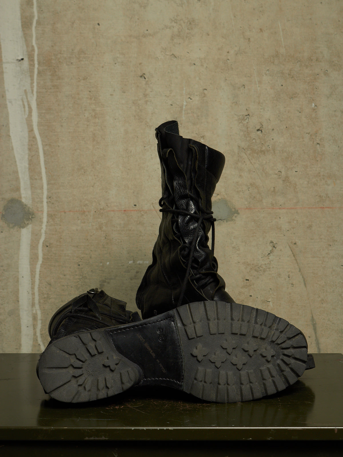 LEON EMANUEL BLANCK 'DIS-M-CB/01' Black GUIDI Horse Leather Distortion Spiral Zip Front Lace Tall Combat Traktor Boots