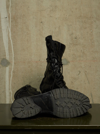 LEON EMANUEL BLANCK 'DIS-M-CB/01' Black GUIDI Horse Leather Distortion Spiral Zip Front Lace Tall Combat Traktor Boots