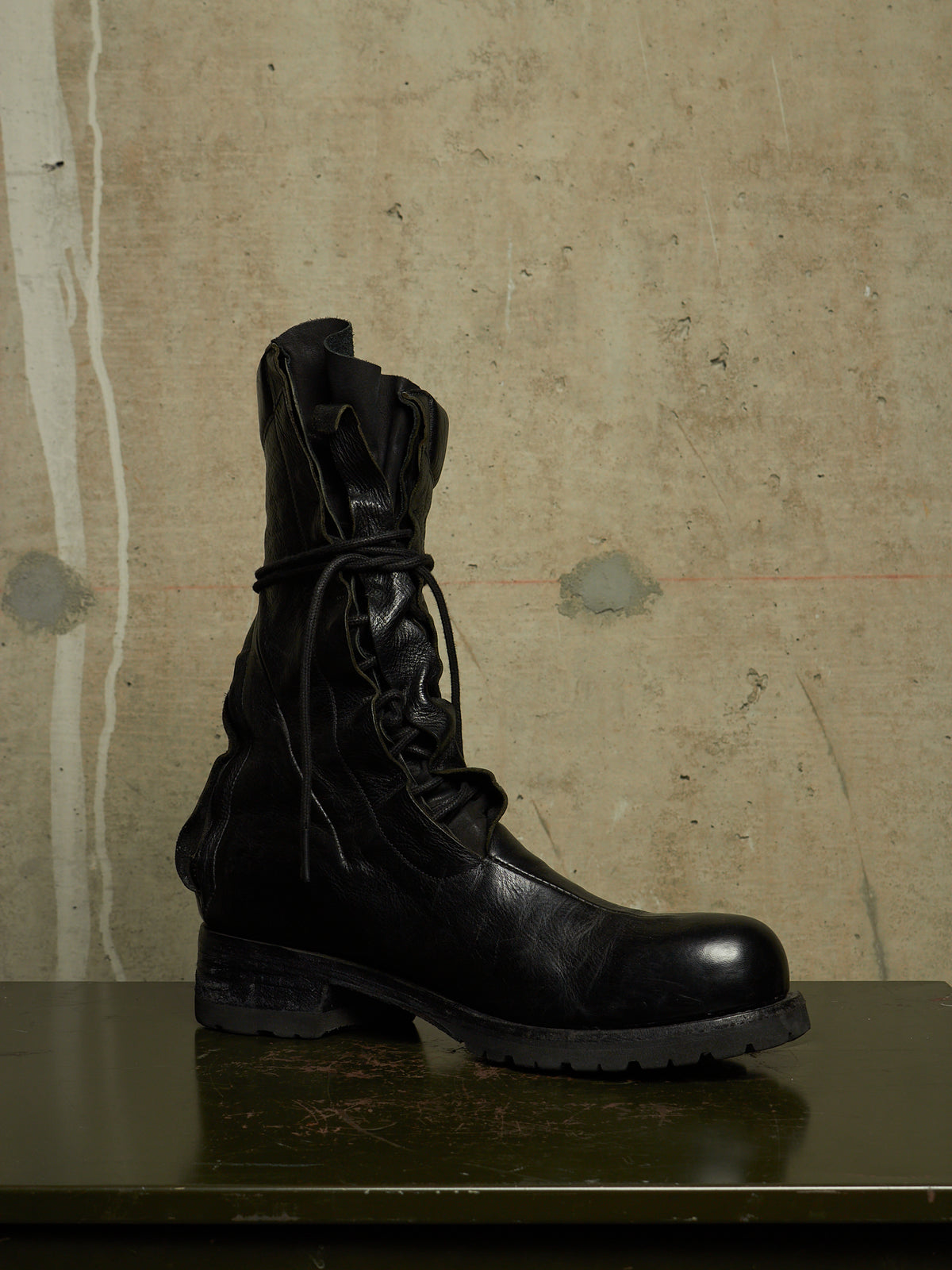 LEON EMANUEL BLANCK 'DIS-M-CB/01' Black GUIDI Horse Leather Distortion Spiral Zip Front Lace Tall Combat Traktor Boots