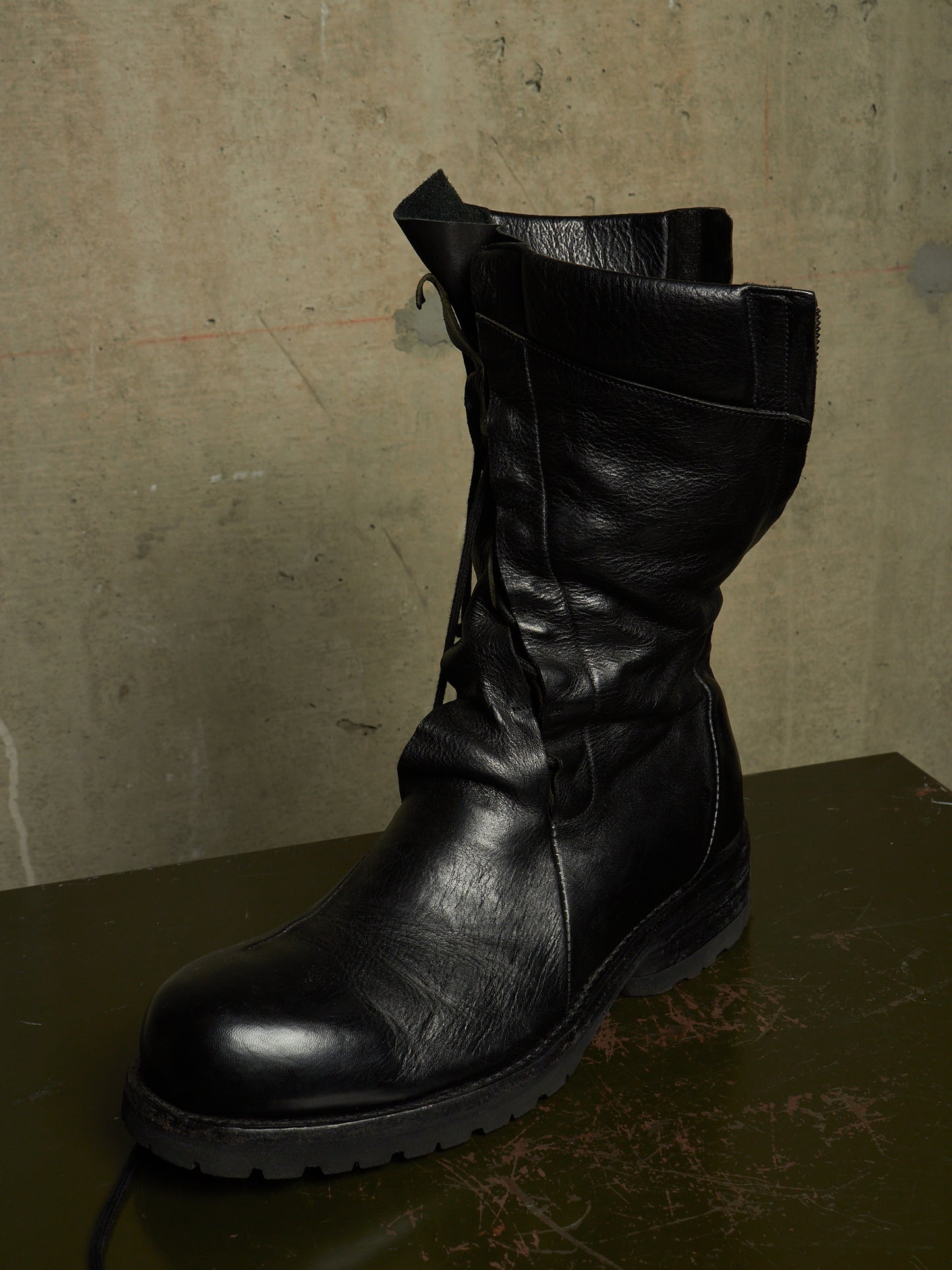 LEON EMANUEL BLANCK 'DIS-M-CB/01' Black GUIDI Horse Leather Distortion Spiral Zip Front Lace Tall Combat Traktor Boots