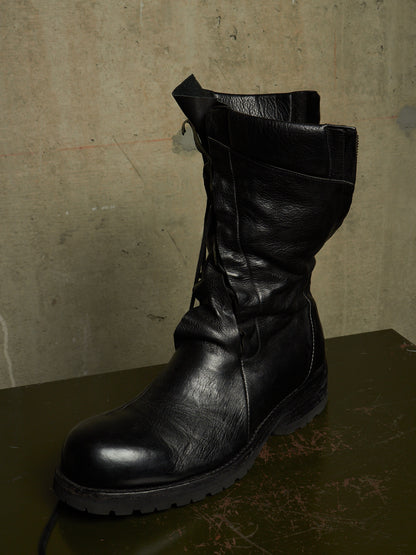 LEON EMANUEL BLANCK 'DIS-M-CB/01' Black GUIDI Horse Leather Distortion Spiral Zip Front Lace Tall Combat Traktor Boots