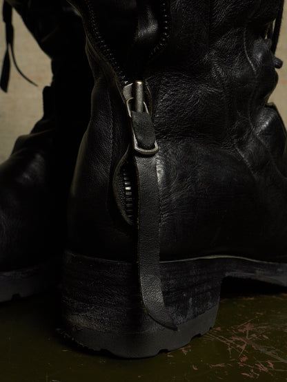 LEON EMANUEL BLANCK 'DIS-M-CB/01' Black GUIDI Horse Leather Distortion Spiral Zip Front Lace Tall Combat Traktor Boots